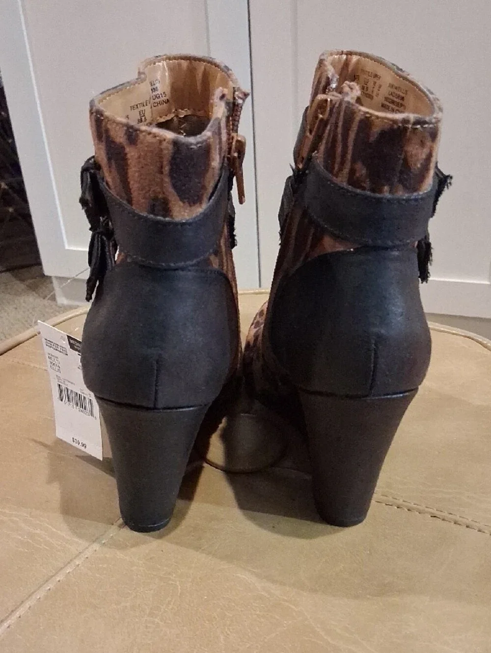 Jaclyn Smith Leopard Print Wedge Ankle Boots with Buckle Straps